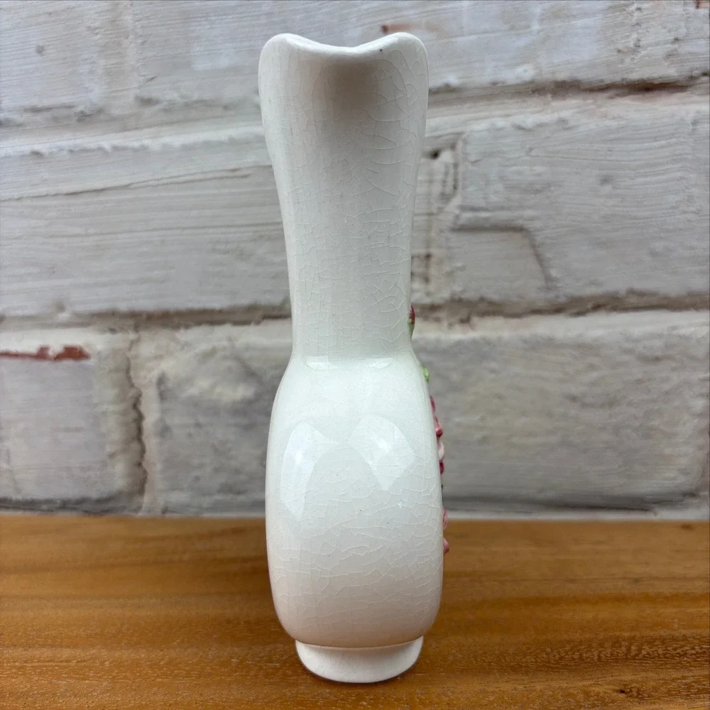 Vintage White Crackle Glaze Ewer Bud Vase Pink Roses Cottagecore Shabby Chic